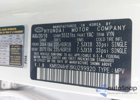 2019 Hyundai Santa Fe Xl Se z USA, uszkodzony, nr VIN KM8SN4HF8KU299920